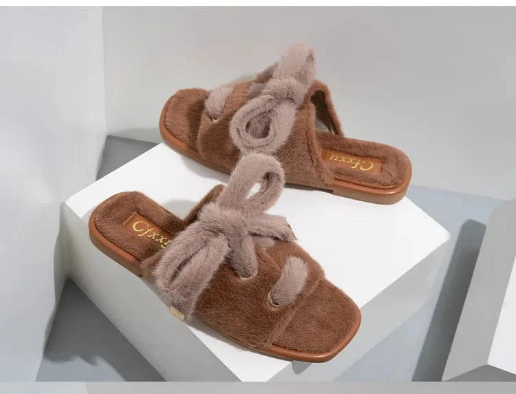 Fashion Suede Bow Silk Ribbon Fuzzy Lady Shoes Soft Villus Outside Women Cotton Slippers
