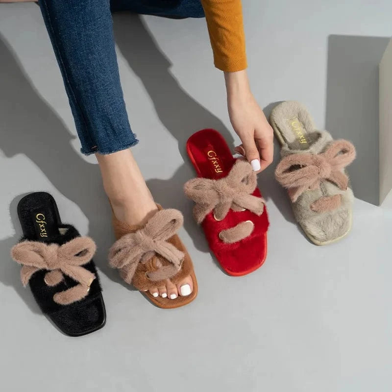Fashion Suede Bow Silk Ribbon Fuzzy Lady Shoes Soft Villus Outside Women Cotton Slippers