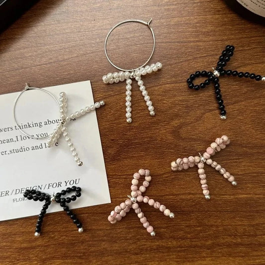 Fashion Summer 925 Sterling Silver Girls Black Agate Synthetic Pearls Natural Red Stone Bowknot Hoop Earrings For Women Gifts