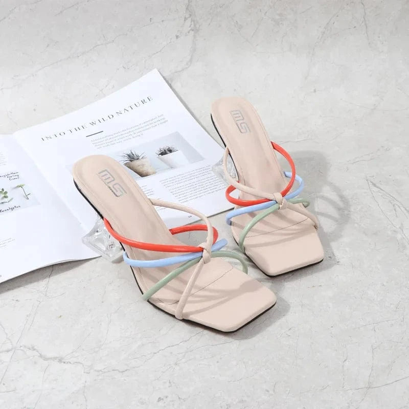 Fashion Summer Peep-toe Women High Heels Female Square-toe Hollow Out Crystal Sandal Outside Ladies Slippers