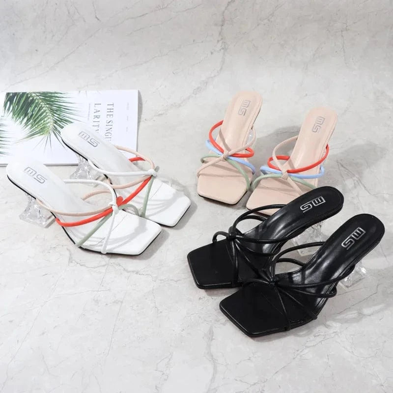 Fashion Summer Peep-toe Women High Heels Female Square-toe Hollow Out Crystal Sandal Outside Ladies Slippers