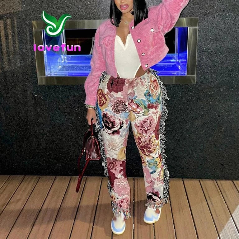 Fashion Tassel Pants Women High Waist Skinny Streetwear Casual Side Tassel Fringe Tapestry Pants For Women