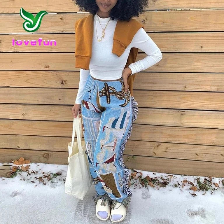 Fashion Tassel Pants Women High Waist Skinny Streetwear Casual Side Tassel Fringe Tapestry Pants For Women
