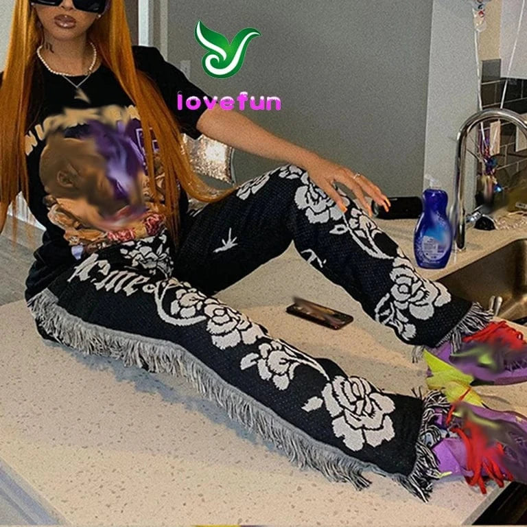 Fashion Tassel Pants Women High Waist Skinny Streetwear Casual Side Tassel Fringe Tapestry Pants For Women