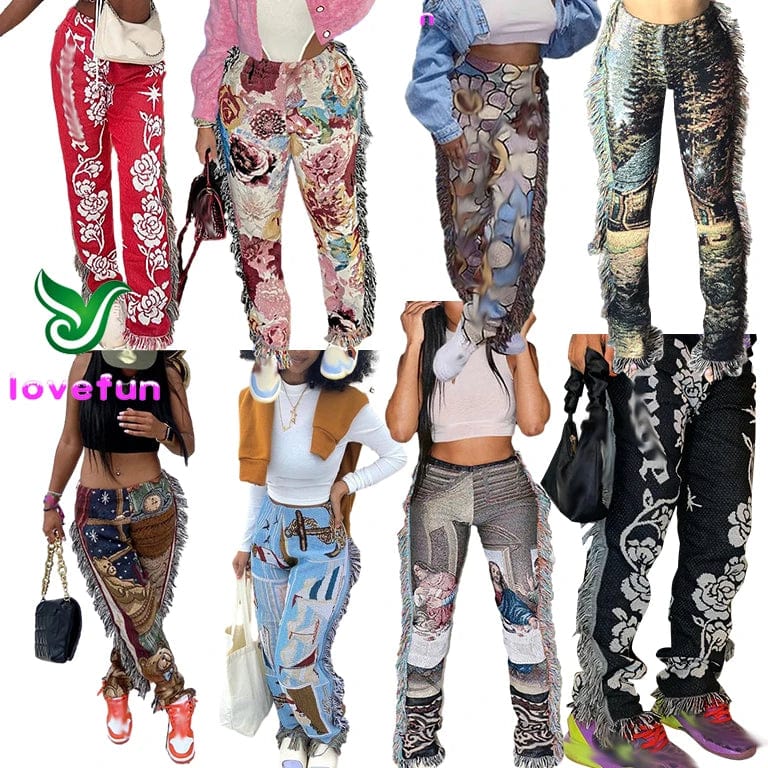 Fashion Tassel Pants Women High Waist Skinny Streetwear Casual Side Tassel Fringe Tapestry Pants For Women