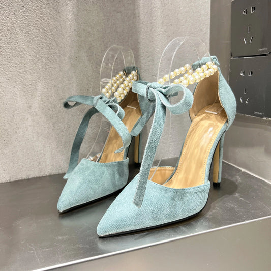 Fashion Thick Heel Sandals Pointed Toe String Bead Chain High Heels Sweet Bow Ladies Pumps Mid Hollow Party Dress Single Shoes