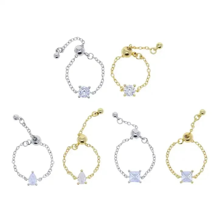 Fashion Thin Link Chain Ring Circle Square Tear Drop 5A CZ Adjustable Ring Wedding Engagement Women Jewelry