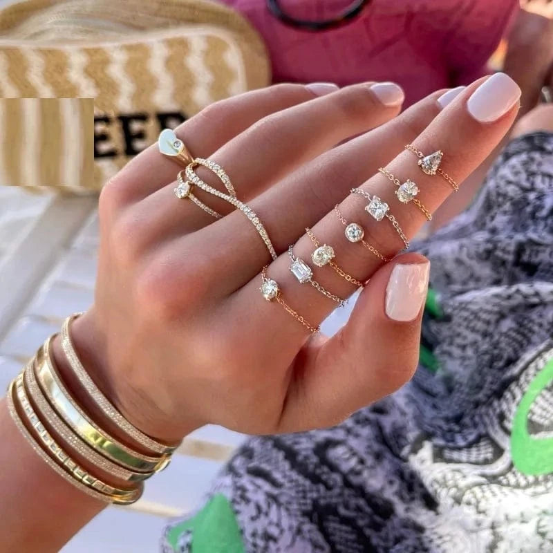 Fashion Thin Link Chain Ring Circle Square Tear Drop 5A CZ Adjustable Ring Wedding Engagement Women Jewelry