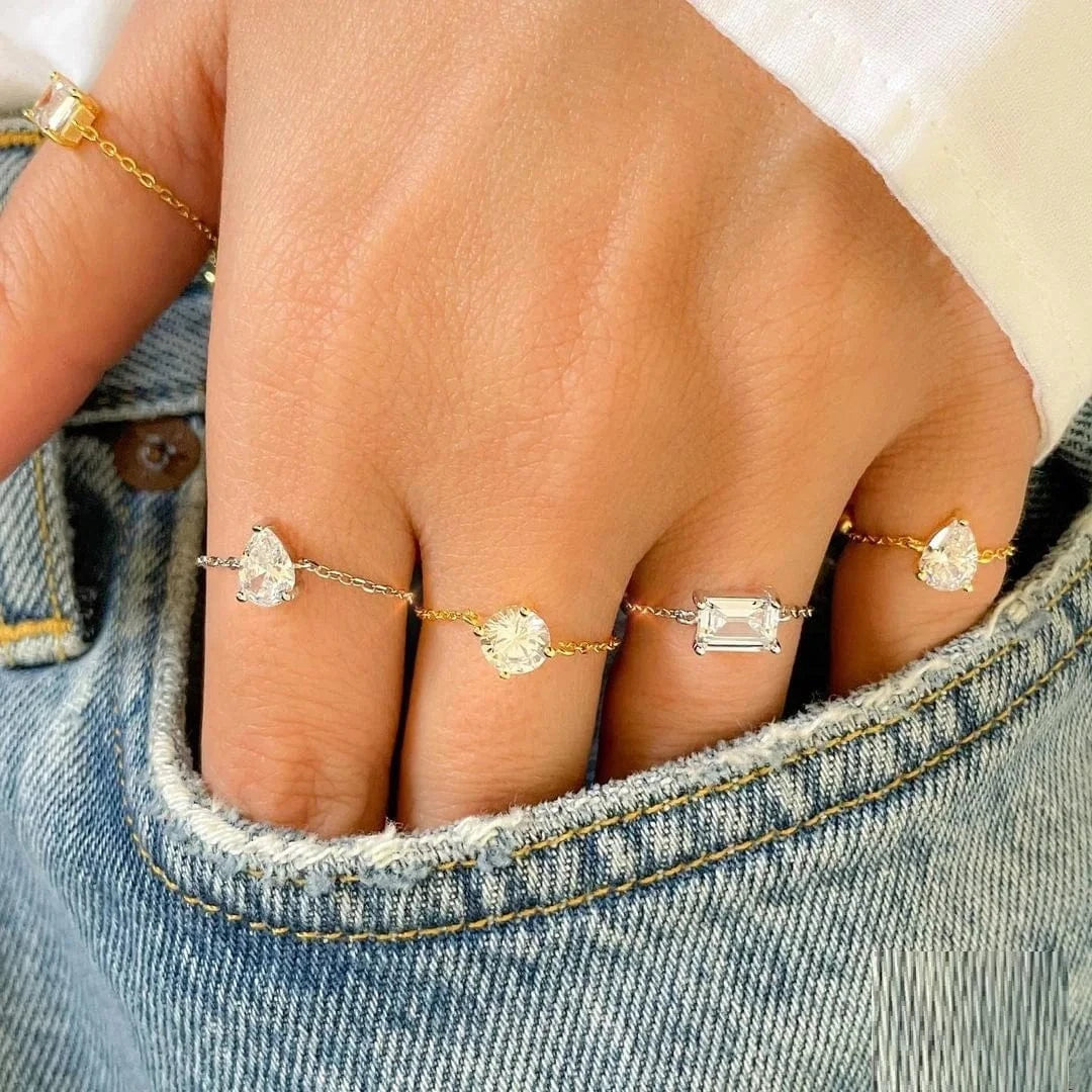 Fashion Thin Link Chain Ring Circle Square Tear Drop 5A CZ Adjustable Ring Wedding Engagement Women Jewelry