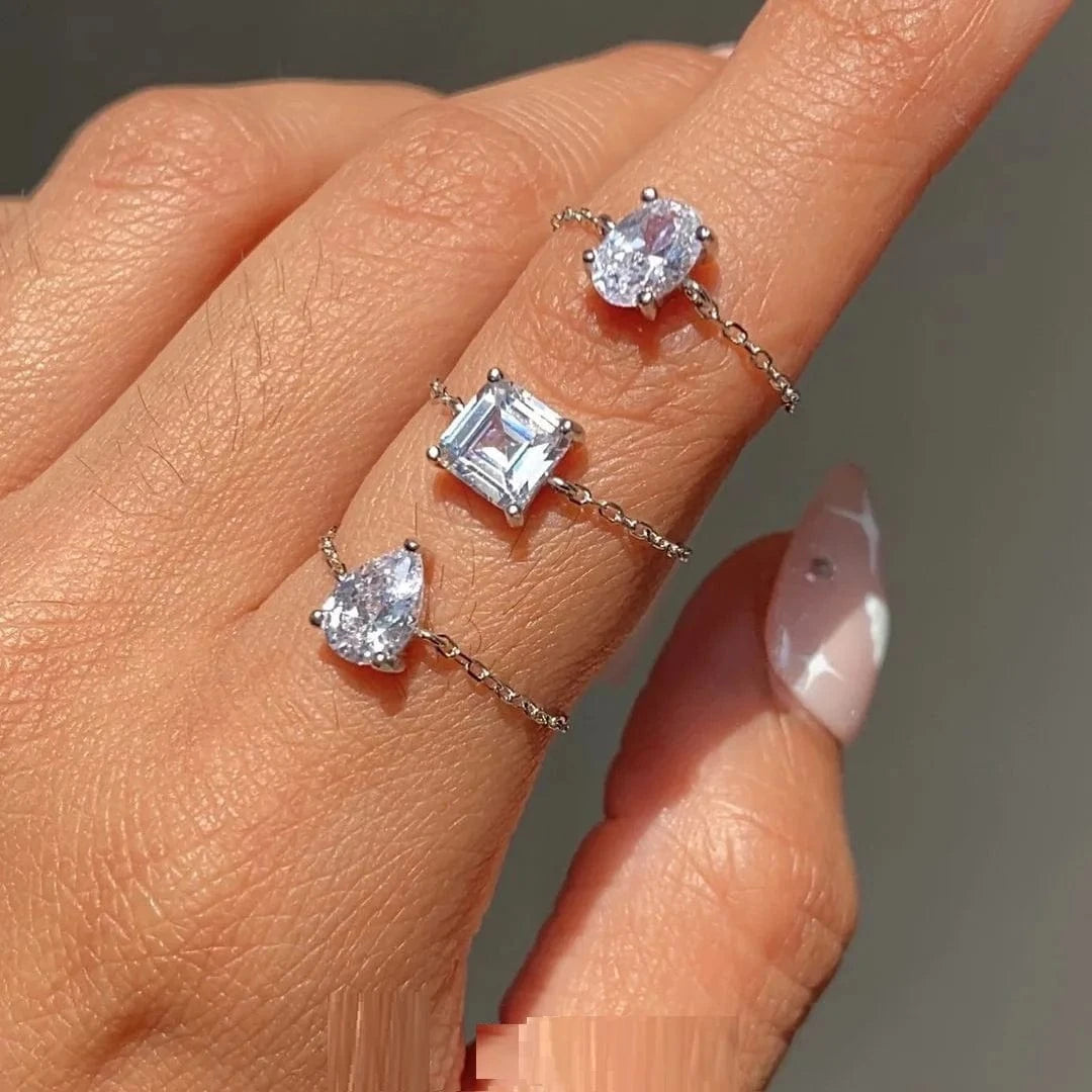 Fashion Thin Link Chain Ring Circle Square Tear Drop 5A CZ Adjustable Ring Wedding Engagement Women Jewelry