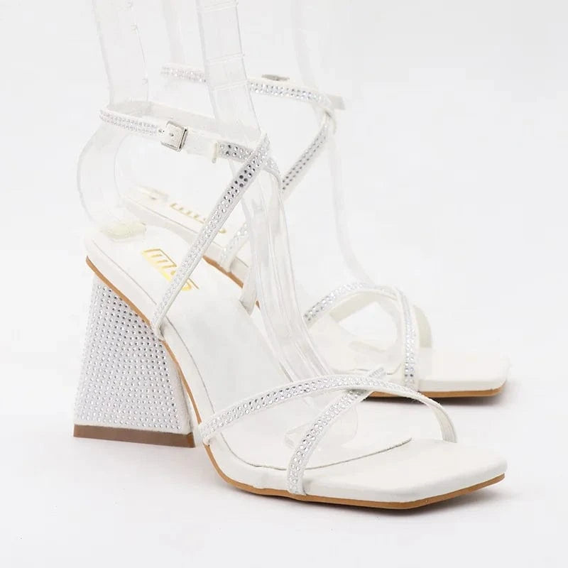 Fashion Trend Big Size Women Lady Female Open-Toed Shoes Cross Strap Rhinestone Chunky Heels Slippers Sandals