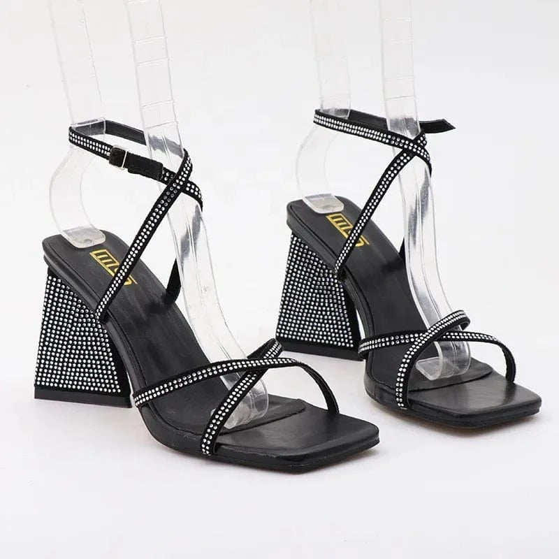 Fashion Trend Big Size Women Lady Female Open-Toed Shoes Cross Strap Rhinestone Chunky Heels Slippers Sandals