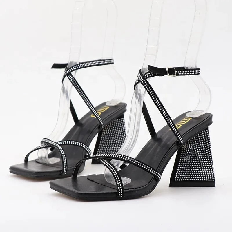 Fashion Trend Big Size Women Lady Female Open-Toed Shoes Cross Strap Rhinestone Chunky Heels Slippers Sandals