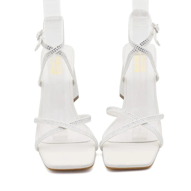 Fashion Trend Big Size Women Lady Female Open-Toed Shoes Cross Strap Rhinestone Chunky Heels Slippers Sandals