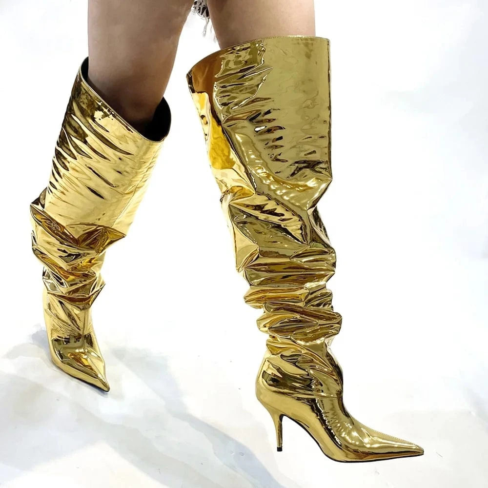 Fashion Trend Loose Pleated Upper Shoes Thin High Heels Pointed Toe Metallic Long Boots Women's Wide Fit Knee High Booties