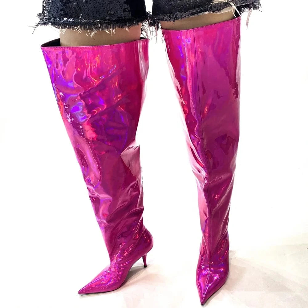 Fashion Trend Loose Pleated Upper Shoes Thin High Heels Pointed Toe Metallic Long Boots Women's Wide Fit Knee High Booties