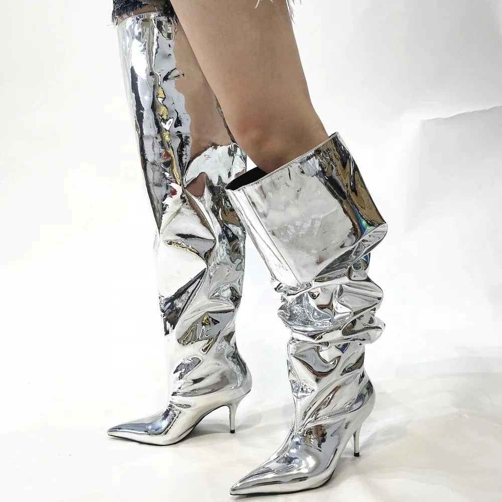 Fashion Trend Loose Pleated Upper Shoes Thin High Heels Pointed Toe Metallic Long Boots Women's Wide Fit Knee High Booties