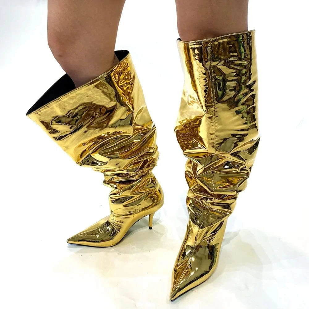 Fashion Trend Loose Pleated Upper Shoes Thin High Heels Pointed Toe Metallic Long Boots Women's Wide Fit Knee High Booties