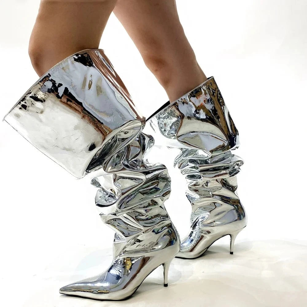 Fashion Trend Loose Pleated Upper Shoes Thin High Heels Pointed Toe Metallic Long Boots Women's Wide Fit Knee High Booties