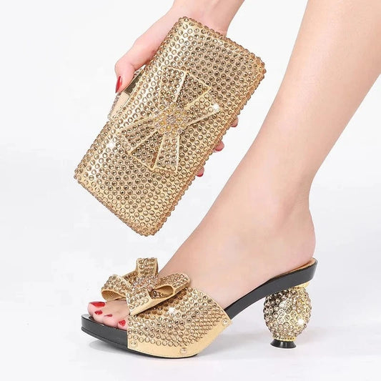 Fashion Trend New Design Luxury Elegant Lady Women Wedding Party Banquet Heels Shoes And Handbag Set For Women Heeled Sandals
