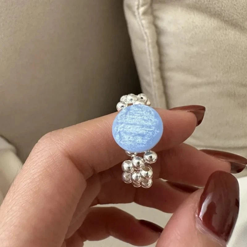 Fashion Trendy S925 Sterling Silver Beads Rings With Colorful Stone Elastic Rings For Women Jewelry Accessories