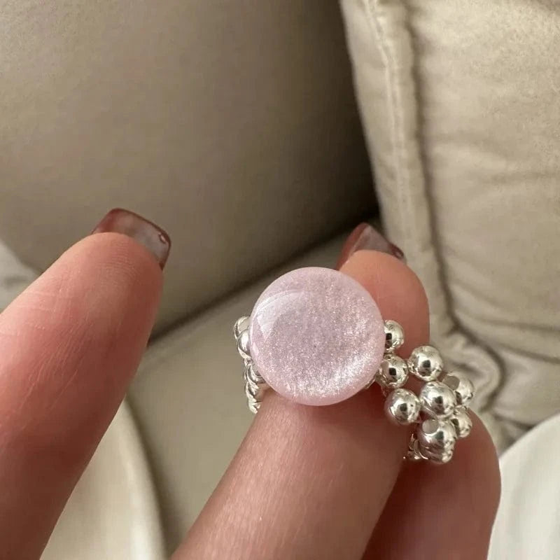 Fashion Trendy S925 Sterling Silver Beads Rings With Colorful Stone Elastic Rings For Women Jewelry Accessories