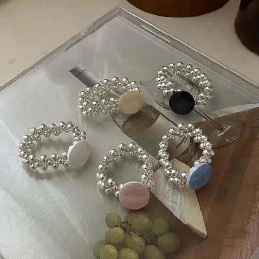 Fashion Trendy S925 Sterling Silver Beads Rings With Colorful Stone Elastic Rings For Women Jewelry Accessories