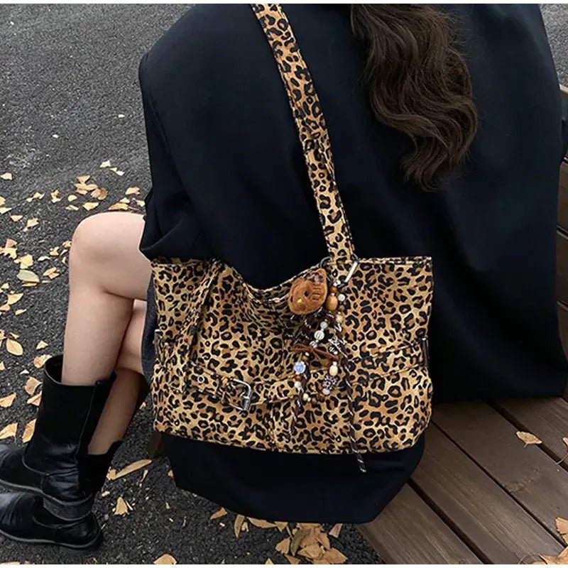 Fashion Versatile Leopard Print Tote Bag Women Large - capacity Canvas Shoulder Bag Work Commuting Relaxing Handbag With Pendant - SN Wigs & More