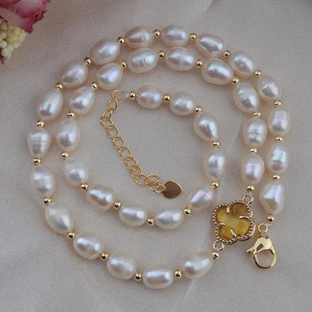 fashion / White Bohemia Bead Necklace Half Natural Freshwater Pearl Beads Chain Jewelry