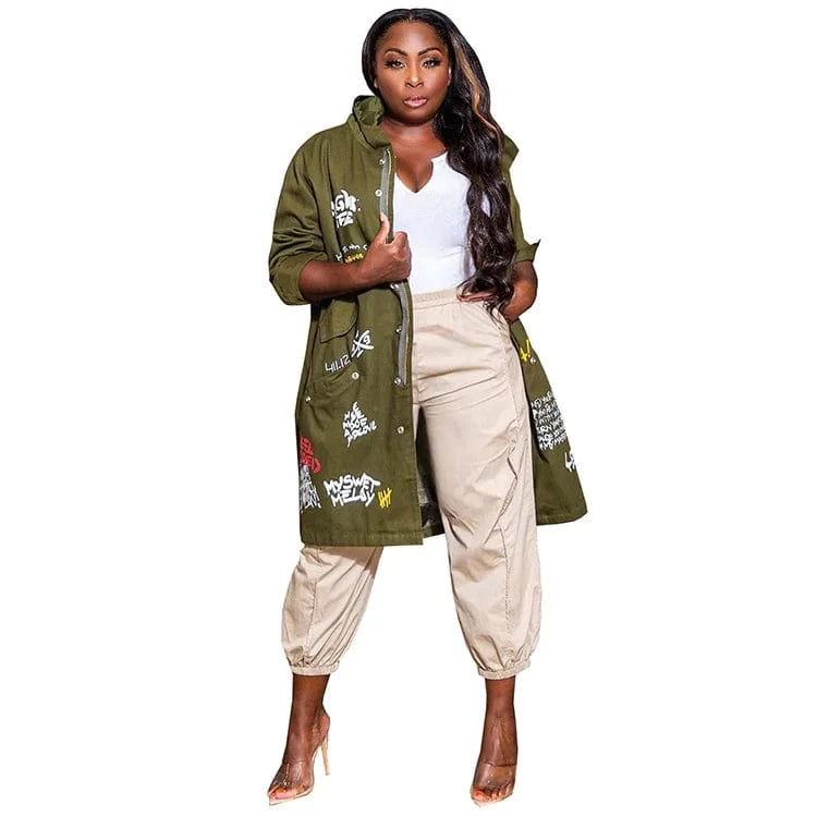 Fashion winter coat women's pocket graffiti coat pattern hooded long trench coat