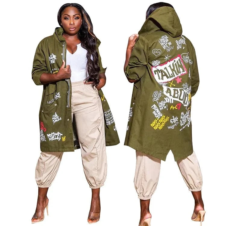 Fashion winter coat women's pocket graffiti coat pattern hooded long trench coat