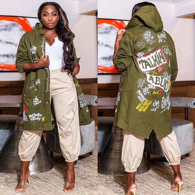 Fashion winter coat women's pocket graffiti coat pattern hooded long trench coat