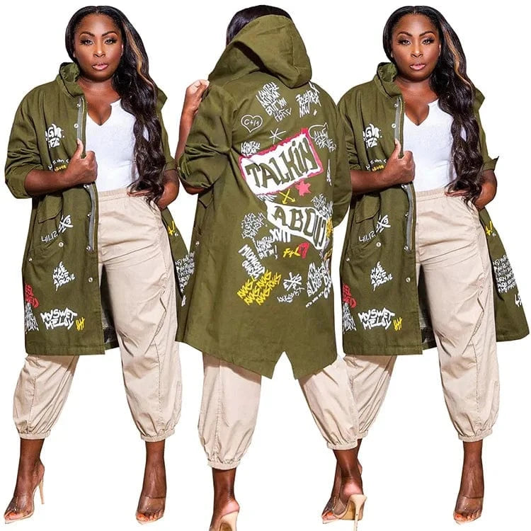 Fashion winter coat women's pocket graffiti coat pattern hooded long trench coat