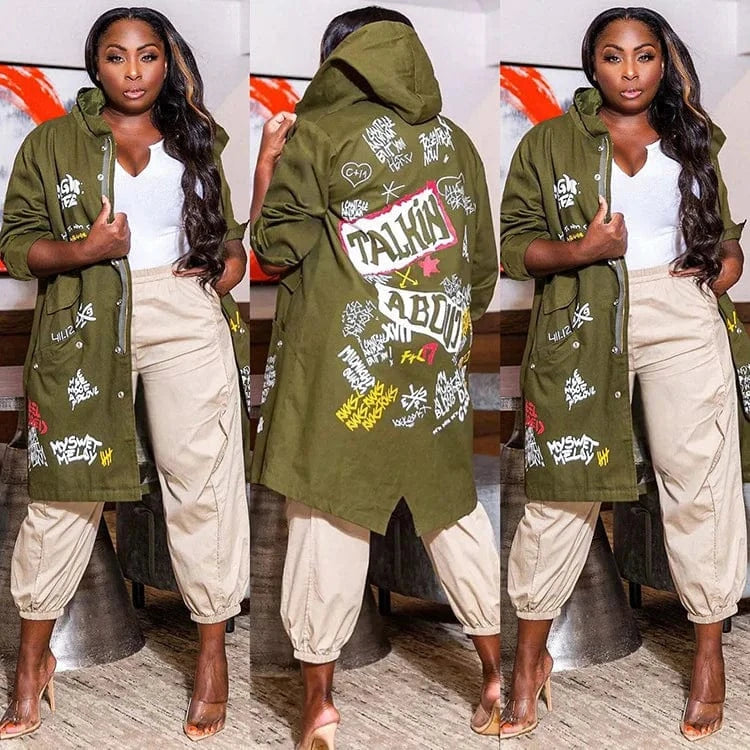Fashion winter coat women's pocket graffiti coat pattern hooded long trench coat