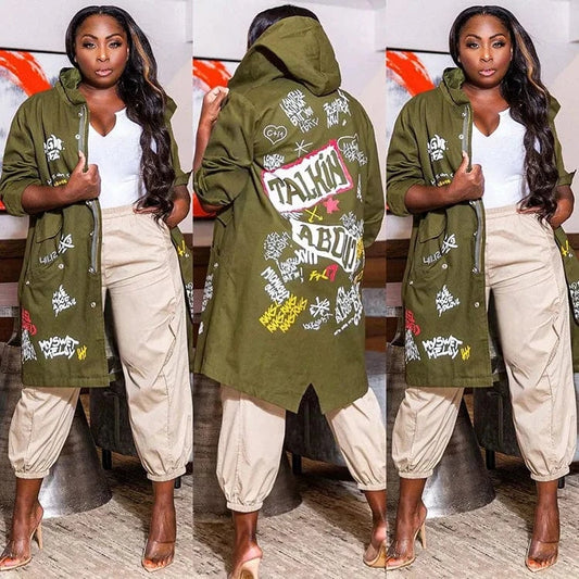 Fashion winter coat women's pocket graffiti coat pattern hooded long trench coat