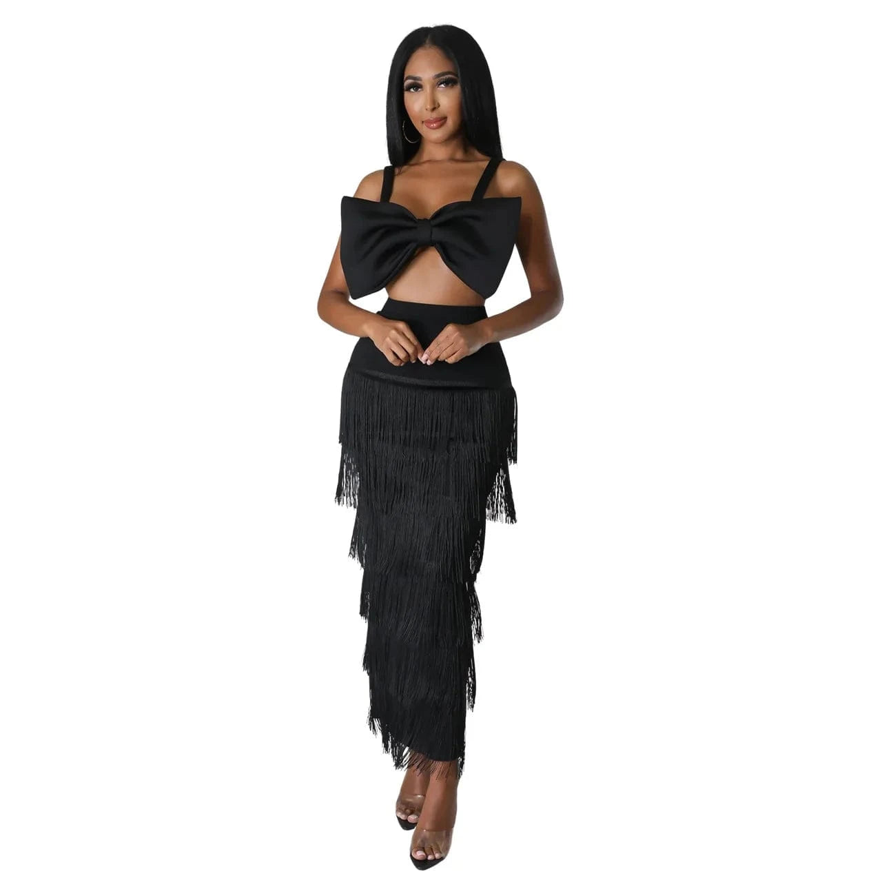 Fashion Winter Tassel Sexy Ladies Maxi Pencil Skirt Fringe Black High Waist Long Elegant Women's Skirts