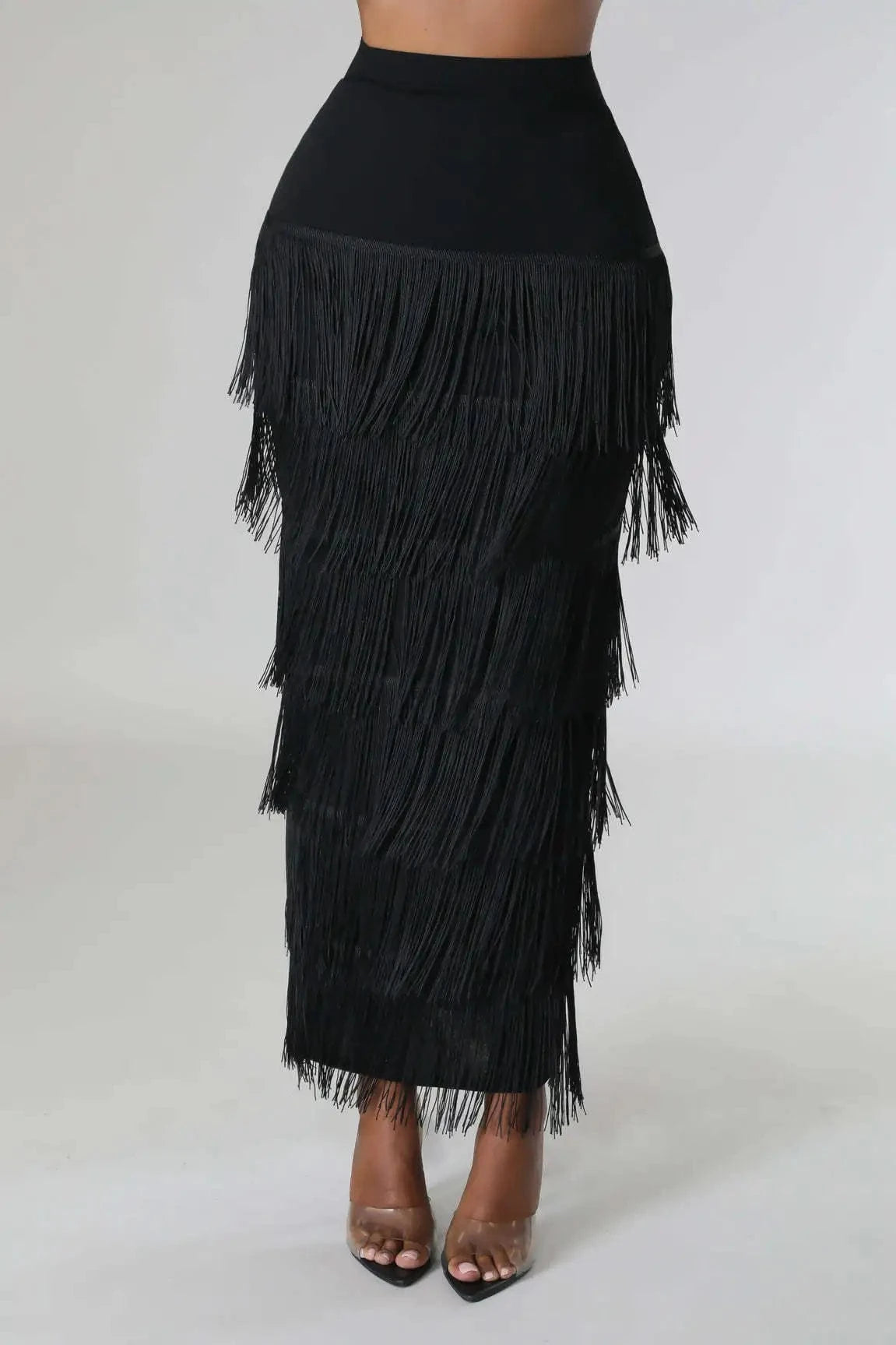 Fashion Winter Tassel Sexy Ladies Maxi Pencil Skirt Fringe Black High Waist Long Elegant Women's Skirts