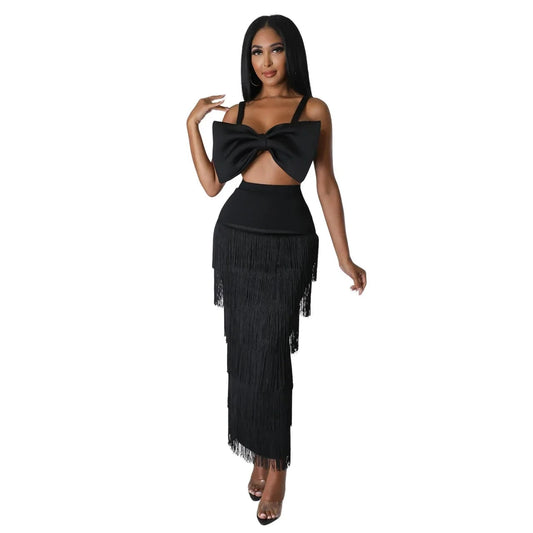 Fashion Winter Tassel Sexy Ladies Maxi Pencil Skirt Fringe Black High Waist Long Elegant Women's Skirts
