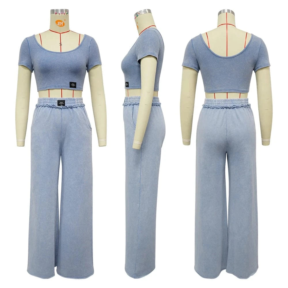 Fashion Women Clothing Distressed Tracksuits Casual Sexy U Neck Crop Top and Wide Leg Pants Suits Ladies Elegant 2 Two Piece Set
