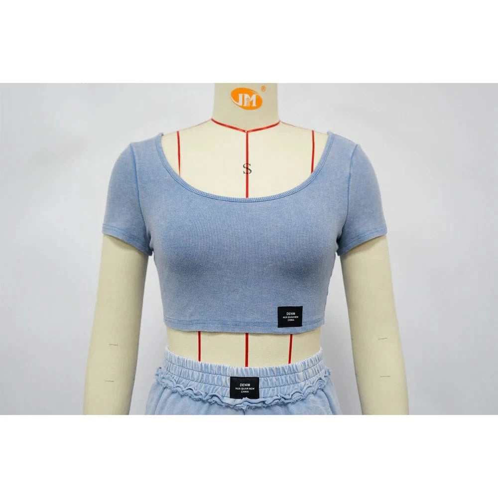 Fashion Women Clothing Distressed Tracksuits Casual Sexy U Neck Crop Top and Wide Leg Pants Suits Ladies Elegant 2 Two Piece Set