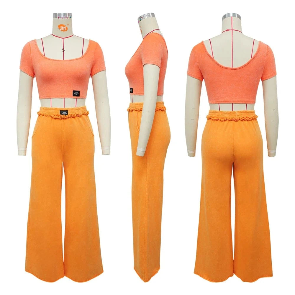 Fashion Women Clothing Distressed Tracksuits Casual Sexy U Neck Crop Top and Wide Leg Pants Suits Ladies Elegant 2 Two Piece Set
