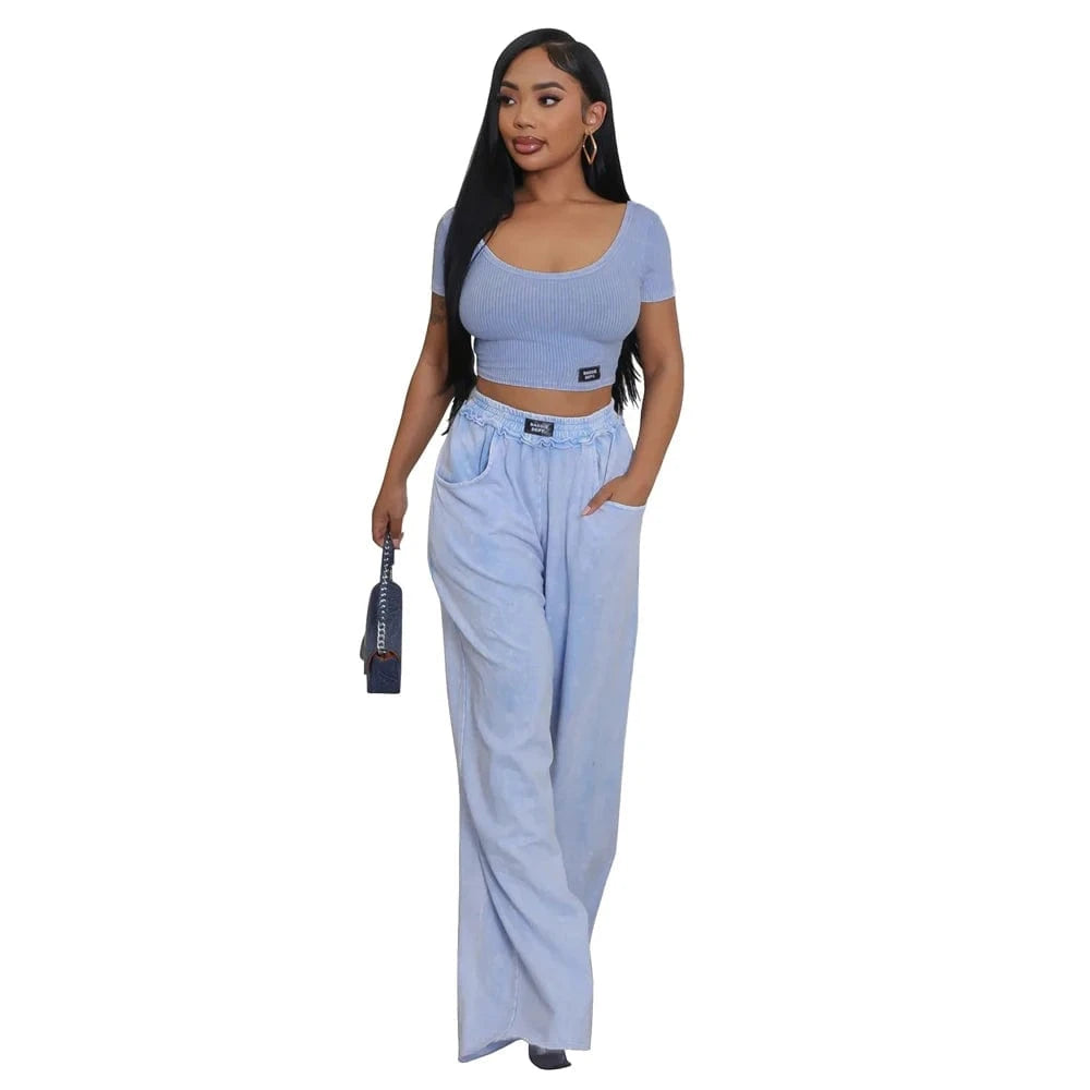 Fashion Women Clothing Distressed Tracksuits Casual Sexy U Neck Crop Top and Wide Leg Pants Suits Ladies Elegant 2 Two Piece Set