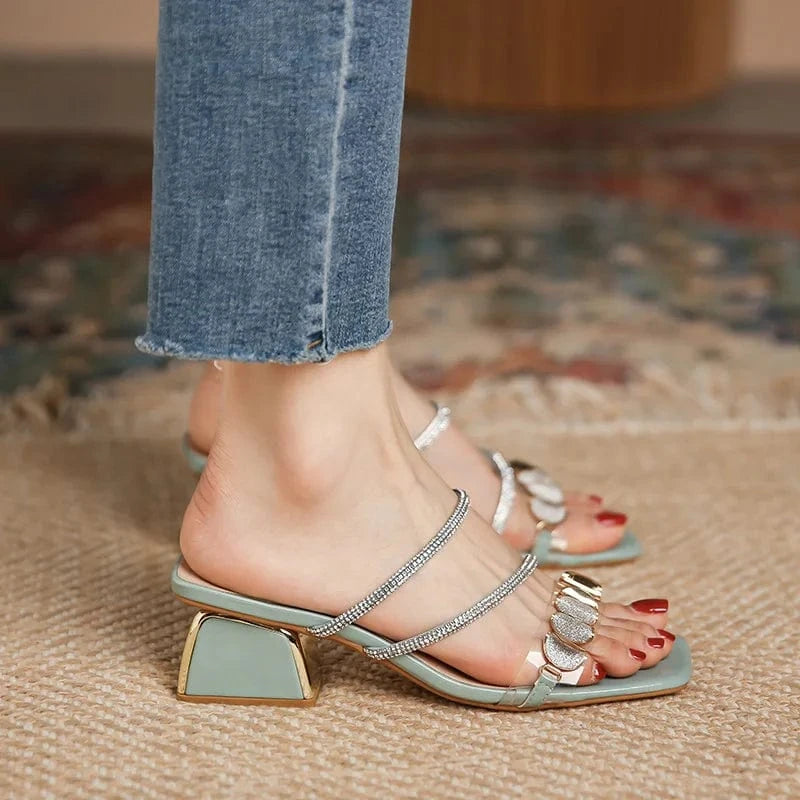 Fashion Women Daily Peep-toe Rhinestone Block Heels Female Summer Outside Beach Sandal Slippers for Ladies