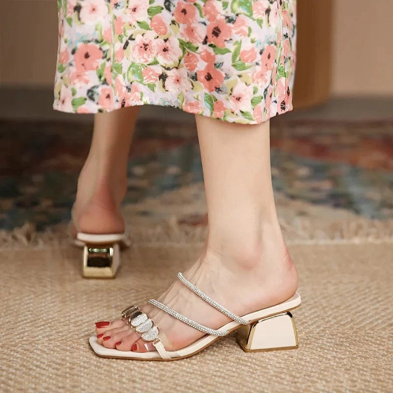 Fashion Women Daily Peep-toe Rhinestone Block Heels Female Summer Outside Beach Sandal Slippers for Ladies