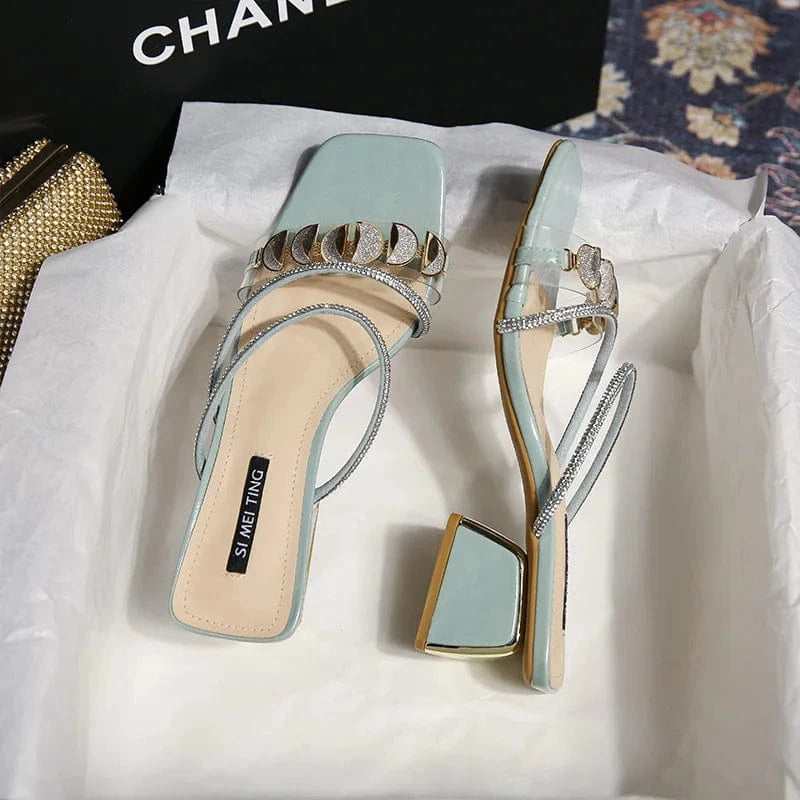 Fashion Women Daily Peep-toe Rhinestone Block Heels Female Summer Outside Beach Sandal Slippers for Ladies