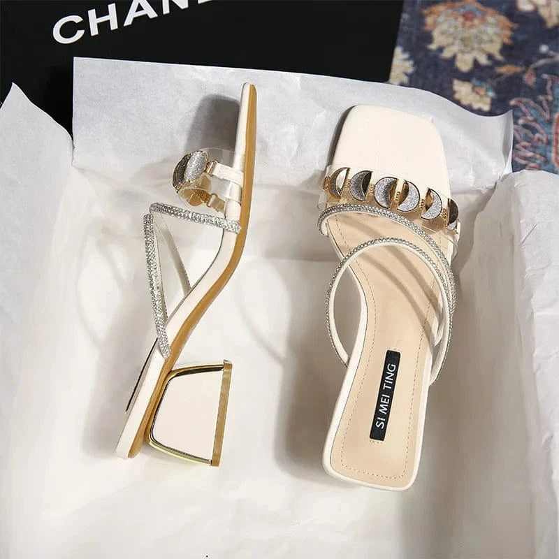 Fashion Women Daily Peep-toe Rhinestone Block Heels Female Summer Outside Beach Sandal Slippers for Ladies