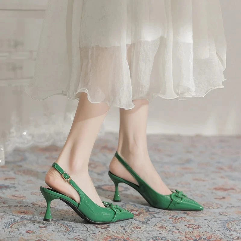 Fashion Women Green Buckle High Heel Stilettos Summer New Female Point Toe Slingbacks Pumps Sandals