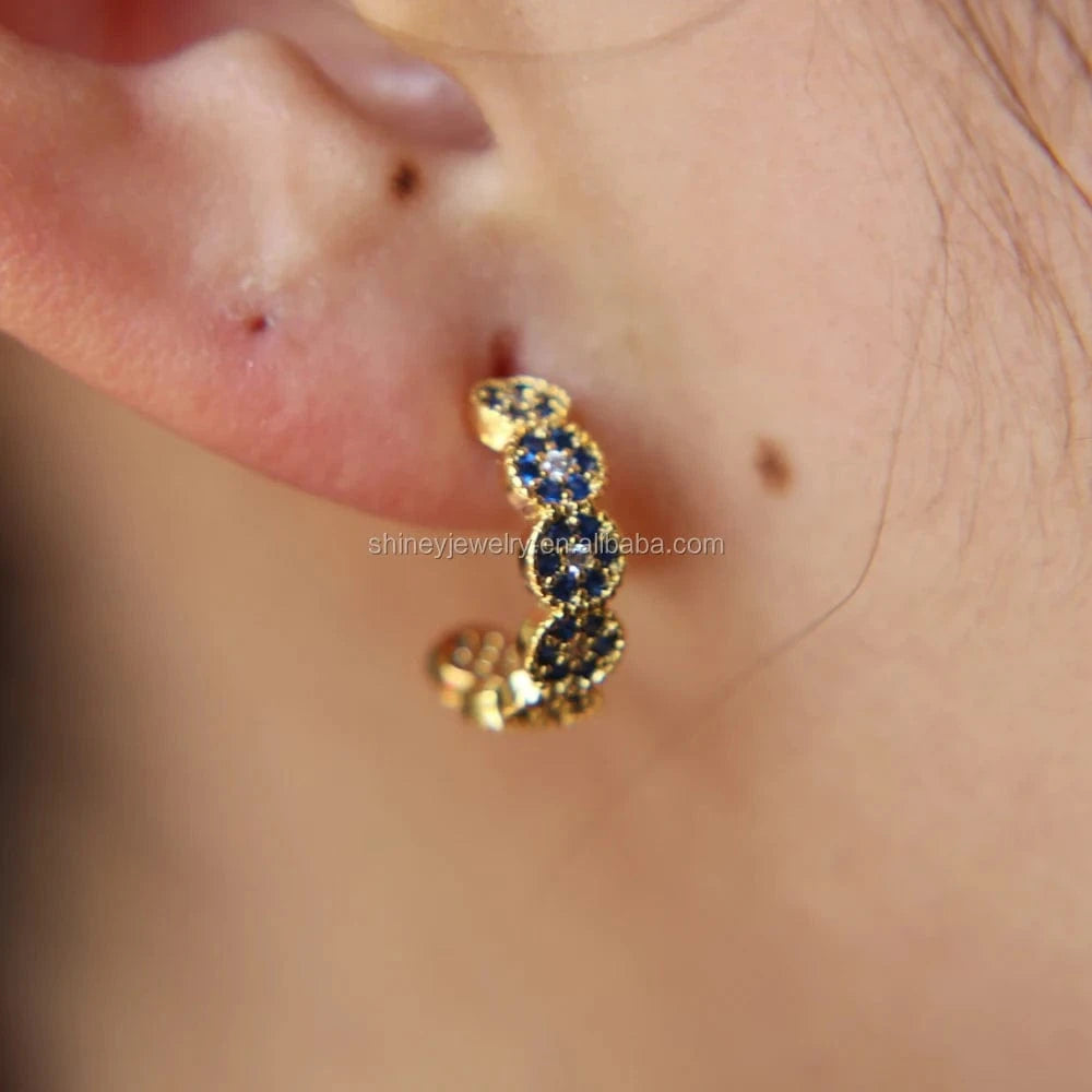 fashion women jewelry micro pave white blue cz lucky round circle evil eye hoop earring