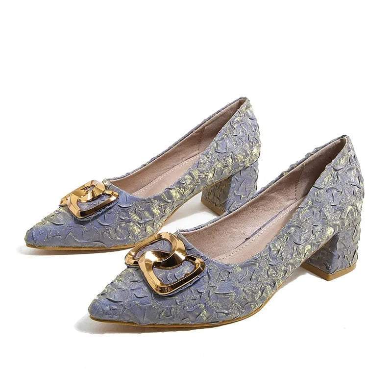 Fashion Women New Point Toe Buckle Silks Mujer Block Heels Heel 5cm Outside Shallow Mid Heel Ladies Shoes