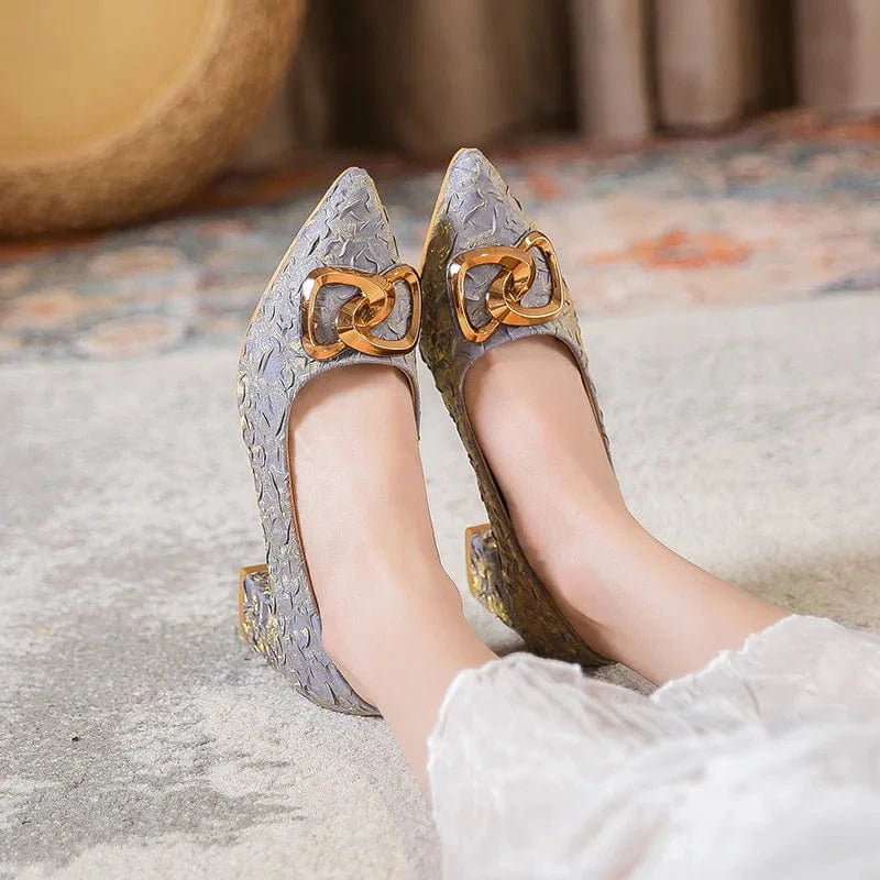 Fashion Women New Point Toe Buckle Silks Mujer Block Heels Heel 5cm Outside Shallow Mid Heel Ladies Shoes